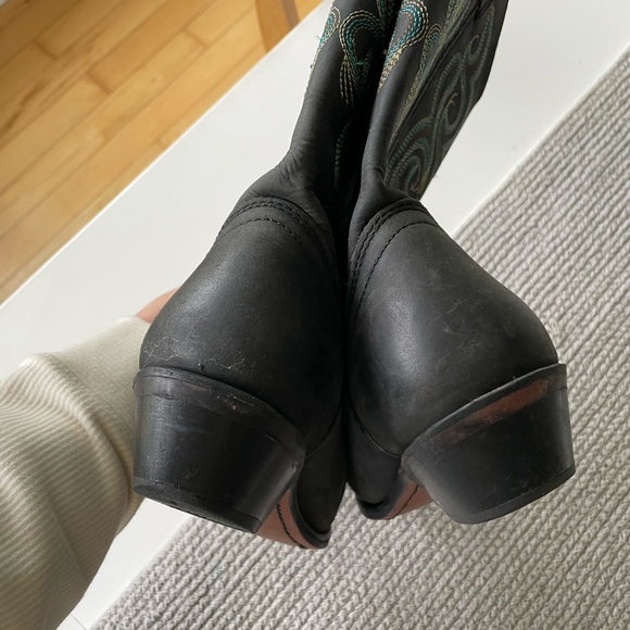 Vintage Smokey Mountain Teal Brown Embroidered Black Leather Cowboy Boots - Picture 14 of 15